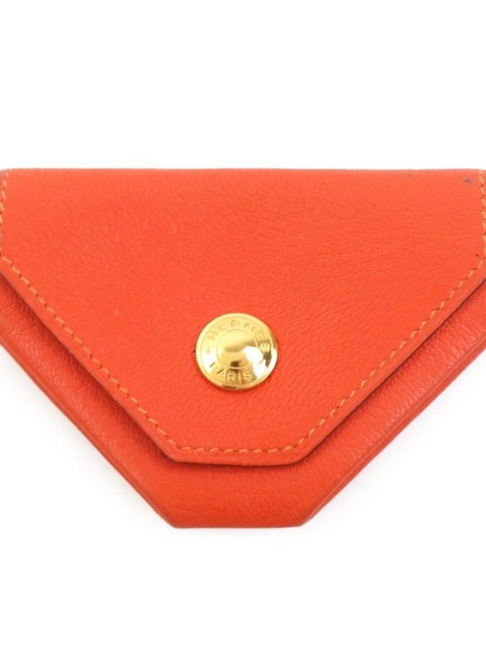 Auth HERMES Le Van Cattre Coin Purse Case Orange Leather/Goldtone - e62228a